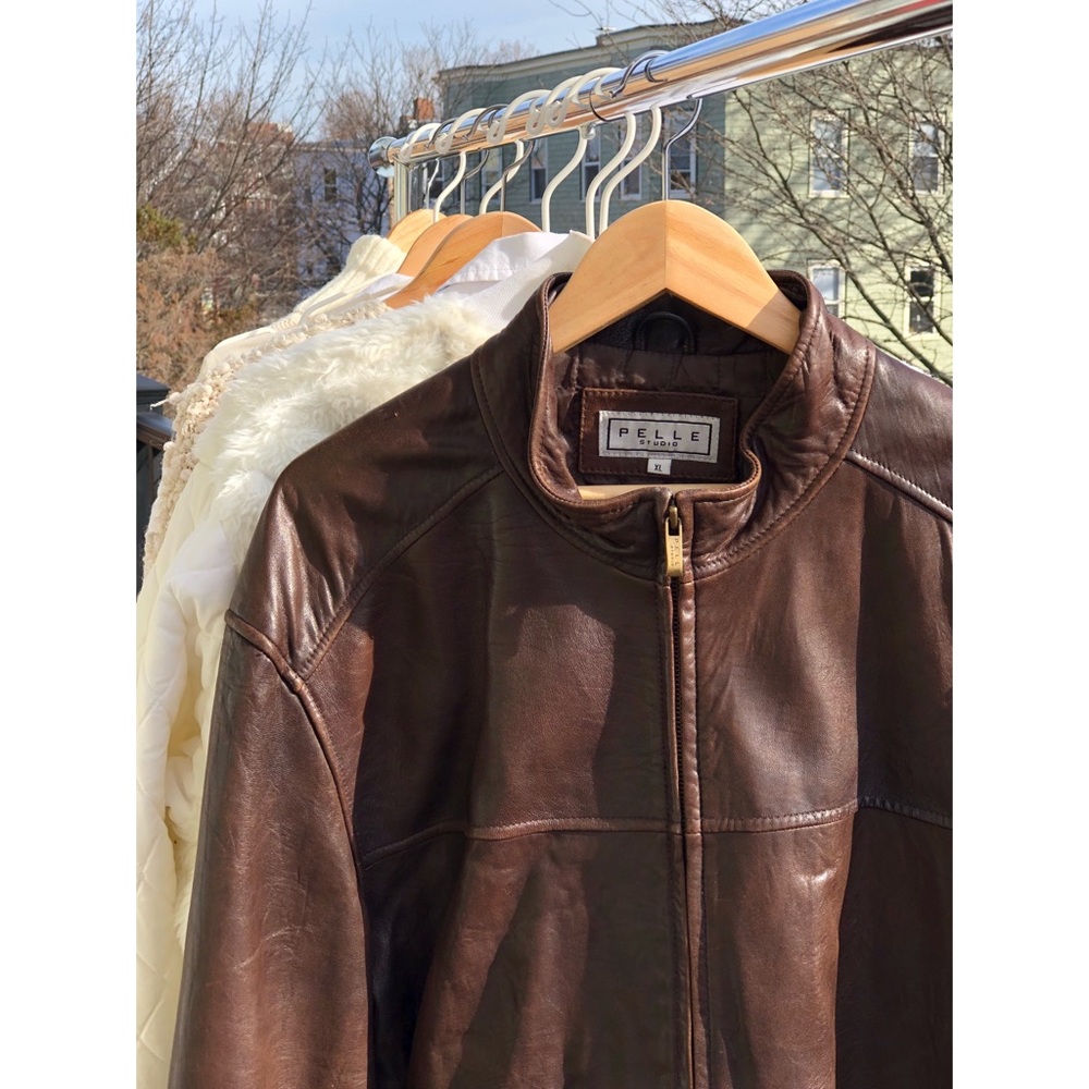 People Studio - Men’s Brown Leather Bomber Jacket - Picture 2 of 6